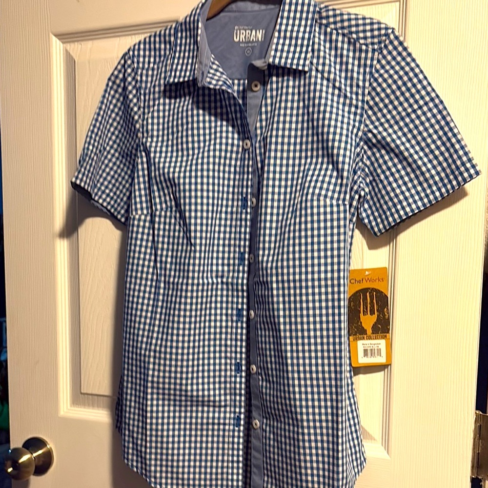 Chef Works Urban NWT Blue and White Gingham Casual Shirt